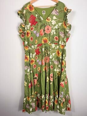 🌻 Anne Klein Floral Tiered Midi Dress | Size 3X | Green Floral | Garden Floral